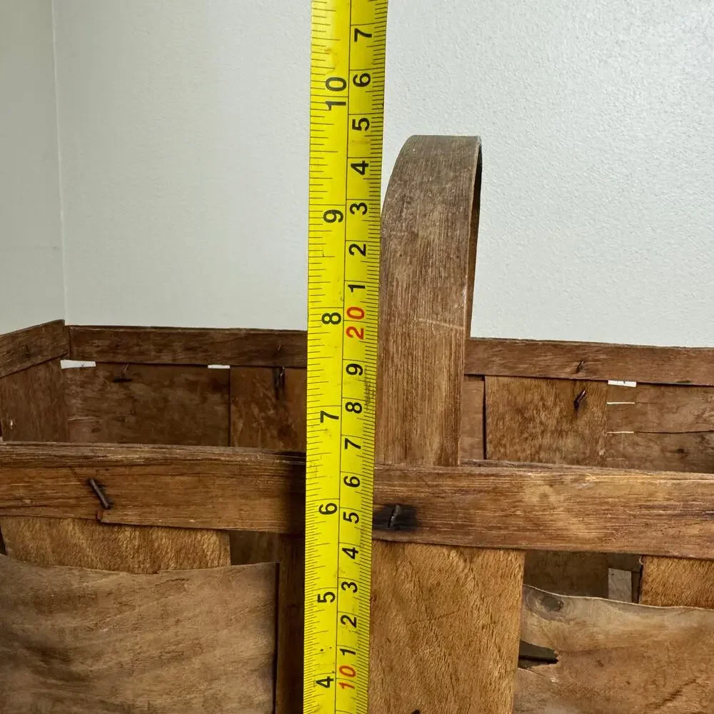 Vintage Primitive Woven Splint Wood Harvest Basket with Fixed Handle Brown